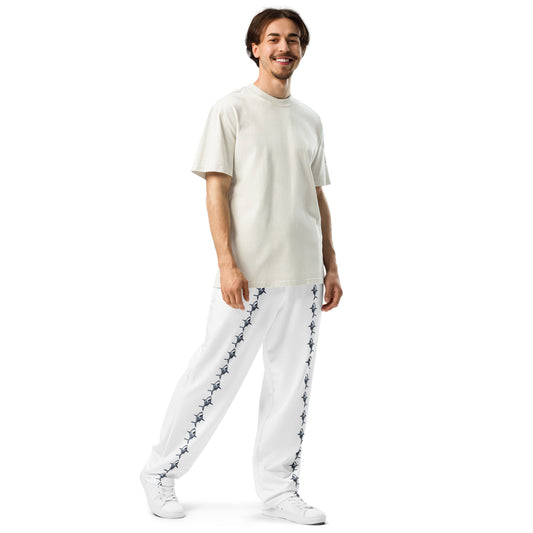 Shark Attack wide-leg joggers with bold shark artwork by Vicky Steane, back view