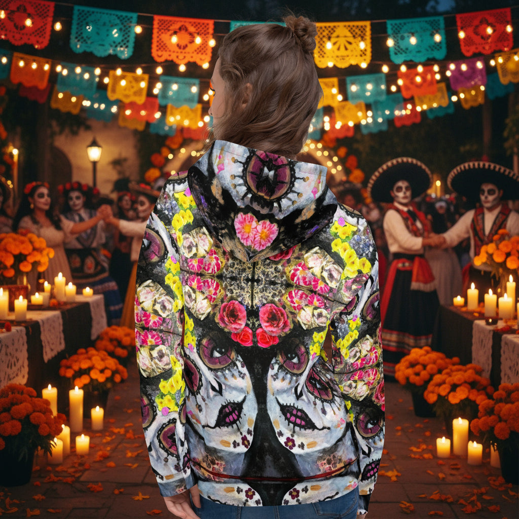 Person wearing a colorful floral and skull patterned Sugar Skull Womens hoodie at a Day of the Dead festival