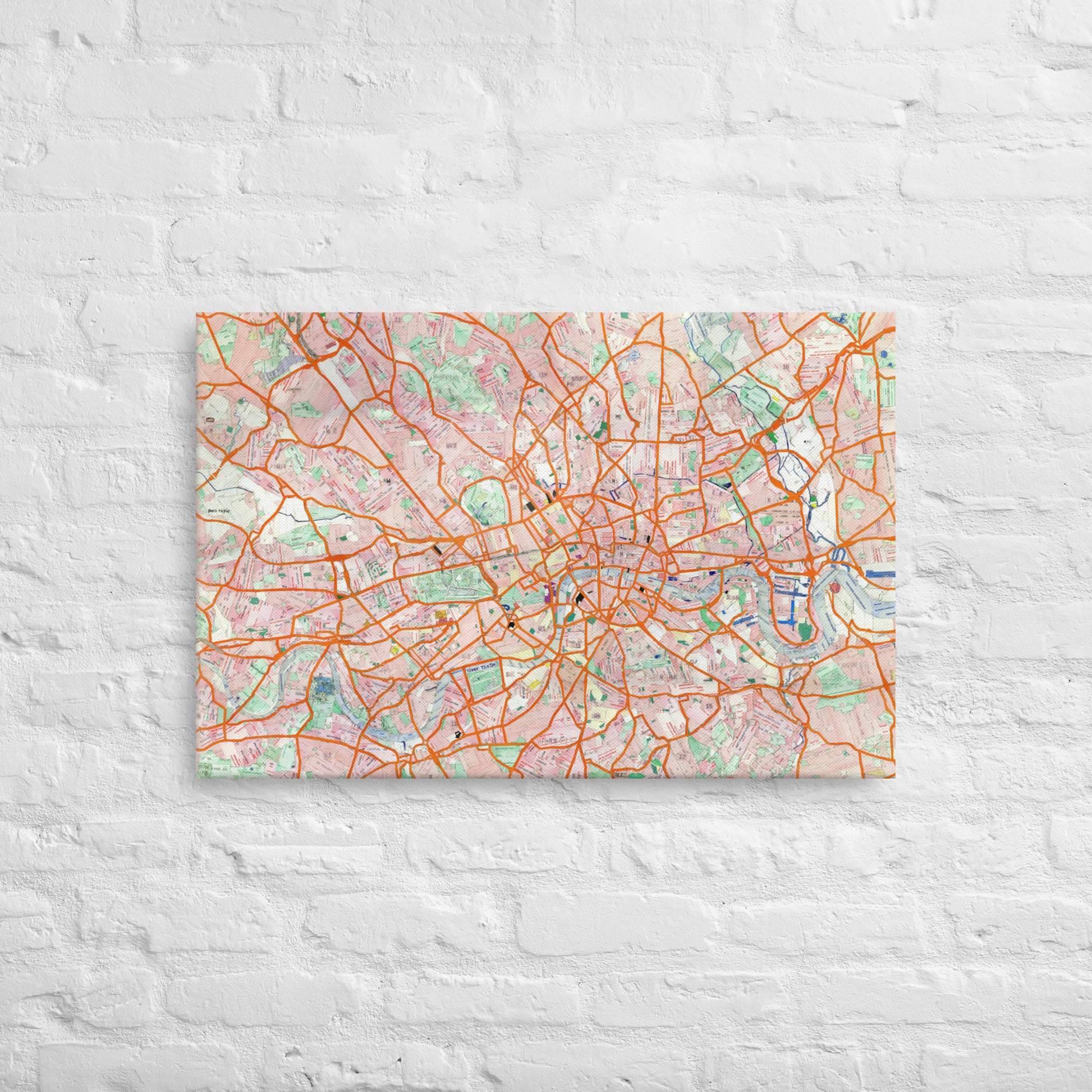 London Travel Card Map canvas print by Vicky Steane, London travel card collage, front view