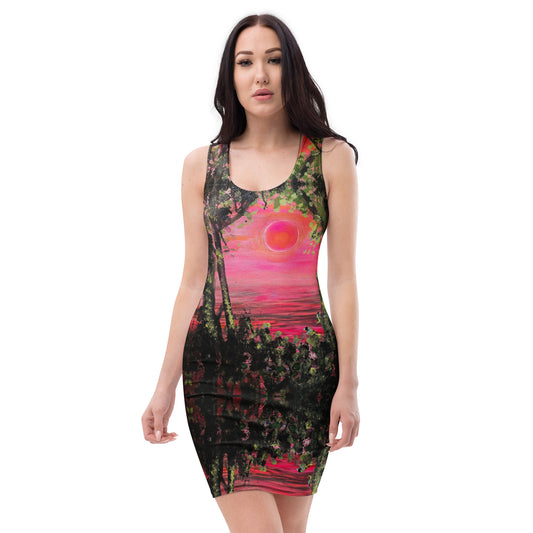 Turtle Beach bodycon dress with turtle beach sunset art by Vicky Steane, front view