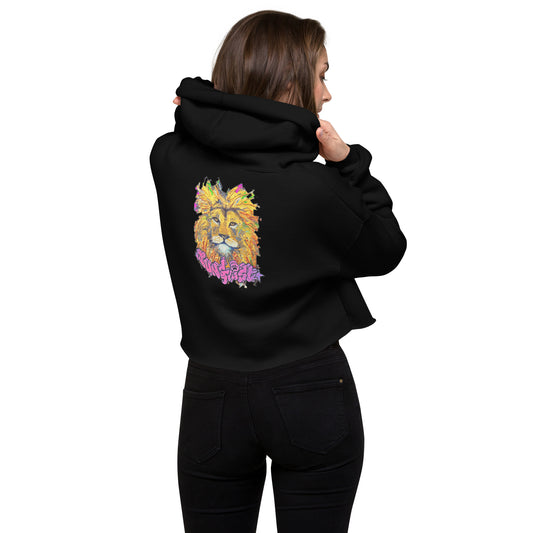 Junglist crop hoodie with jungle music streetwear art by Vicky Steane, back view