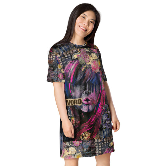 WORD t-shirt dress with bold typographic artwork by Vicky Steane, front view